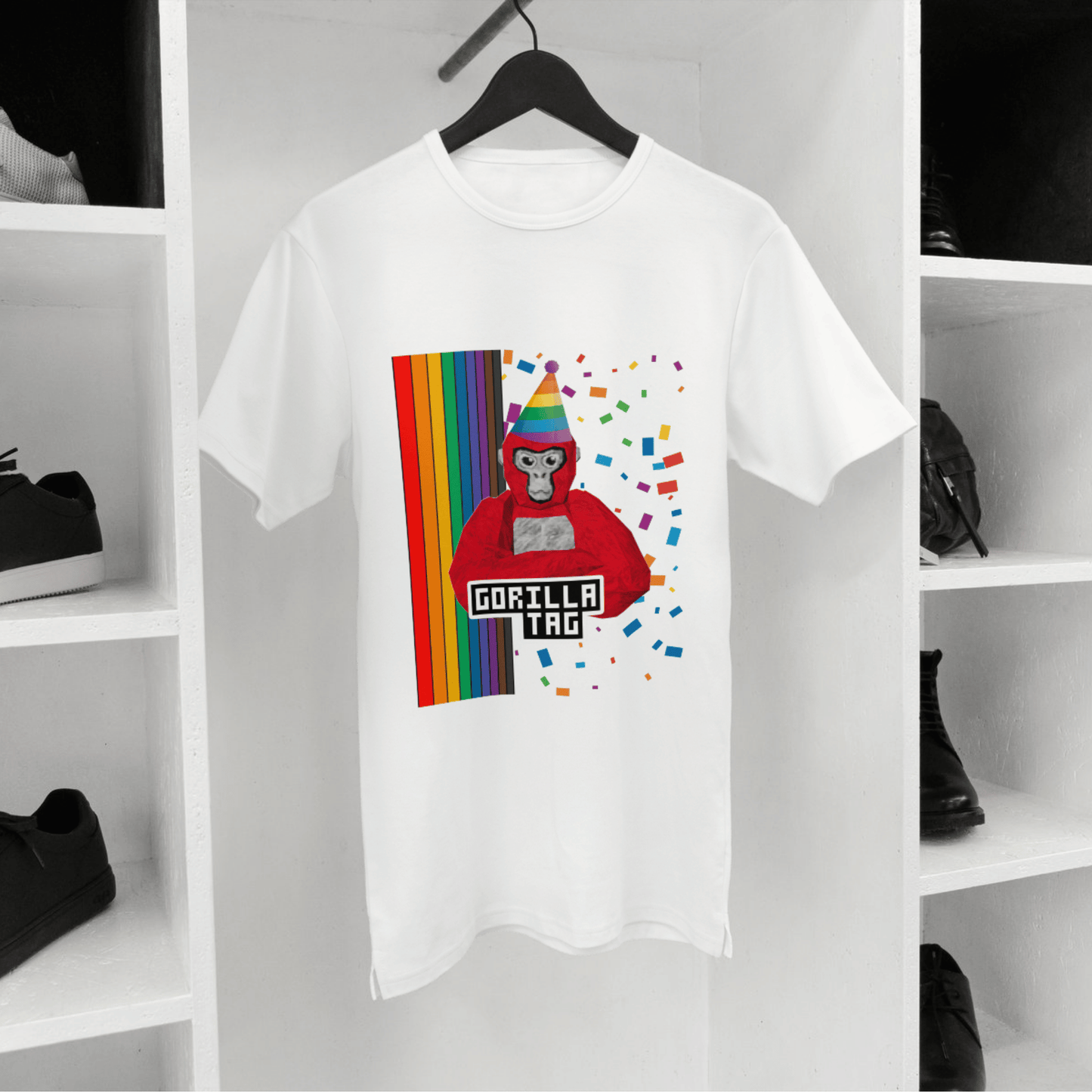 T-shirt hanging up with red Gorilla Tag image on the front