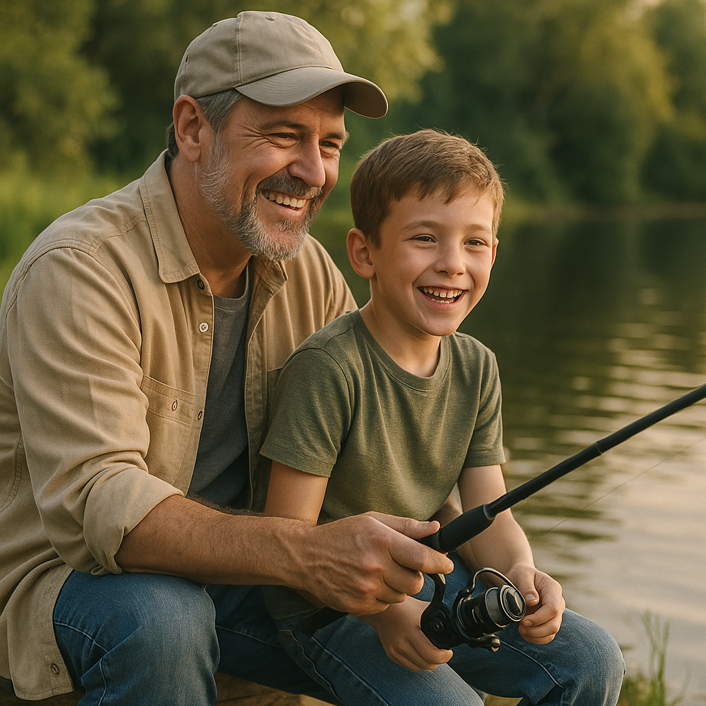 A Grandad fishing with his young grandson. 