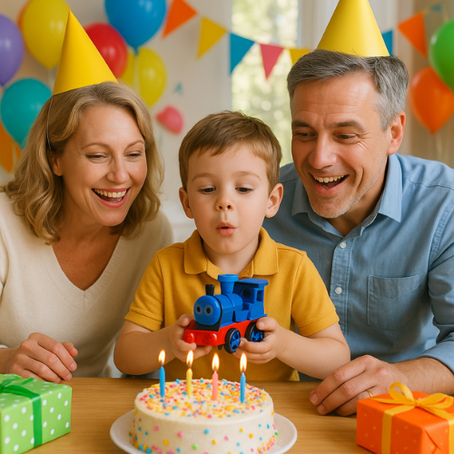 Young boy holding a blue train celebrating his birthday with his grandparents. He is blowing out the candles on he his cake. 