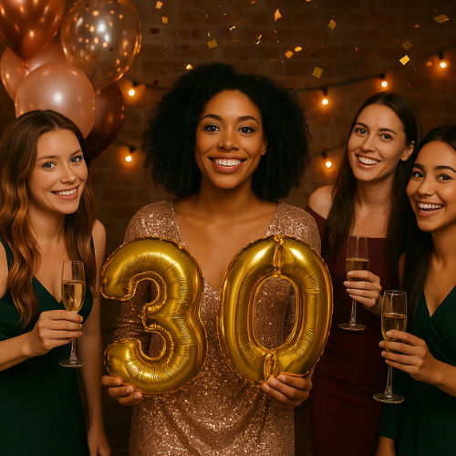lady celebrating her 30th birthday with friends. She is holding 30 number balloon and drinking champaign.  