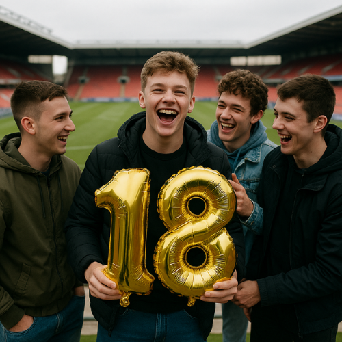 Group of 4 lads celebrating there friends 18th birthday at a football stadium. He is holding gold number 18 balloons. 