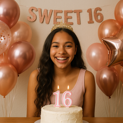 Girl celebrating her sweet 16th birthday with a white cake with 16th candle.
