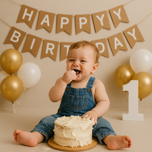 Baby celebrating 1st birthday with a smash cake. There are balloons and a large white number 1.