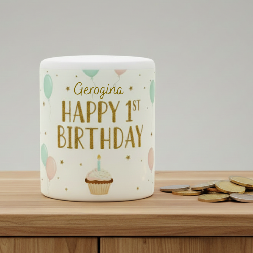 1st birthday personalised printed money box 