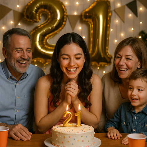 Girl celebrating her 21st birthday with her family. She is blowing out her 21 candles with her eyes closed making a wish.