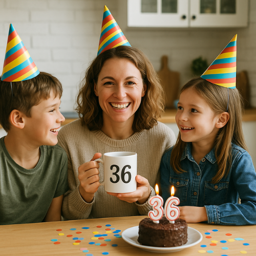 A mum celebrating her birthday with her son and daughter. She is holding a mug witht the age 36 printed on it. she also has a chocolate cake with the candle numbers 36.