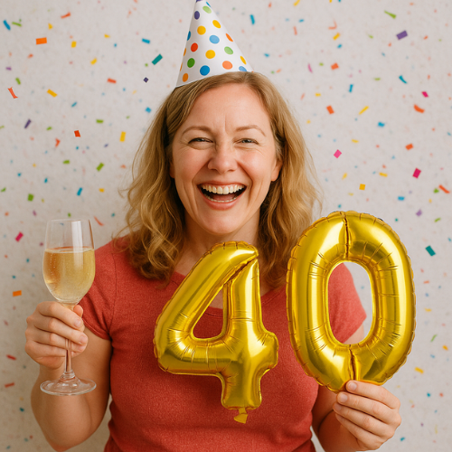 A lady celebrating her 40th birthday at a disco. Large gold 40 balloons and a disco ball
