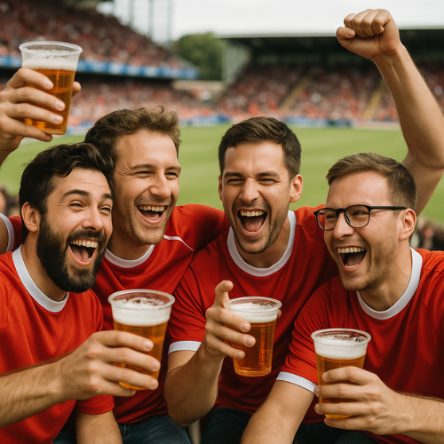 Group of men at a football match celebrating with a beer.