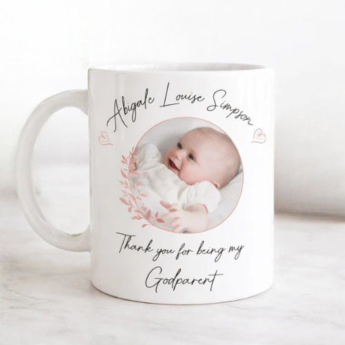 picture of baby on a mug on their christening day