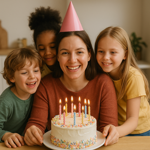 Three children celebrating  their auntie's birthday with a cake and candles. 