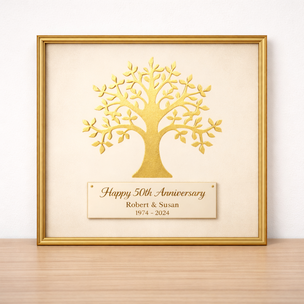 golden tree in a picture for golden wedding anniversary