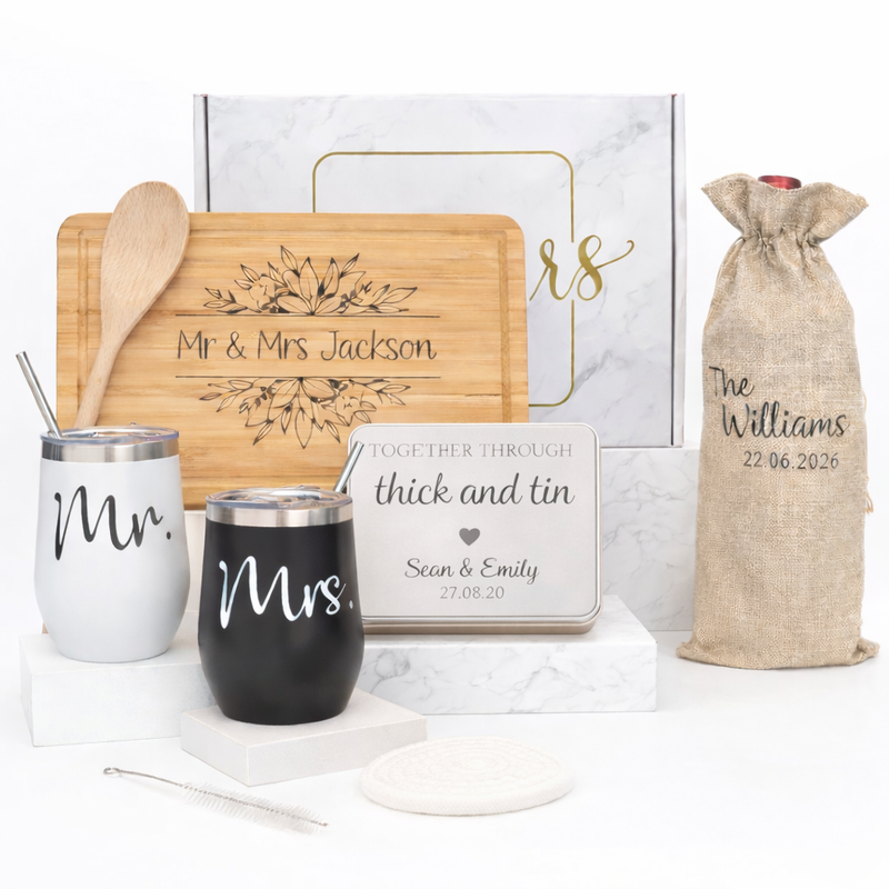 Personalised wedding gifts including tin, cups, wood
