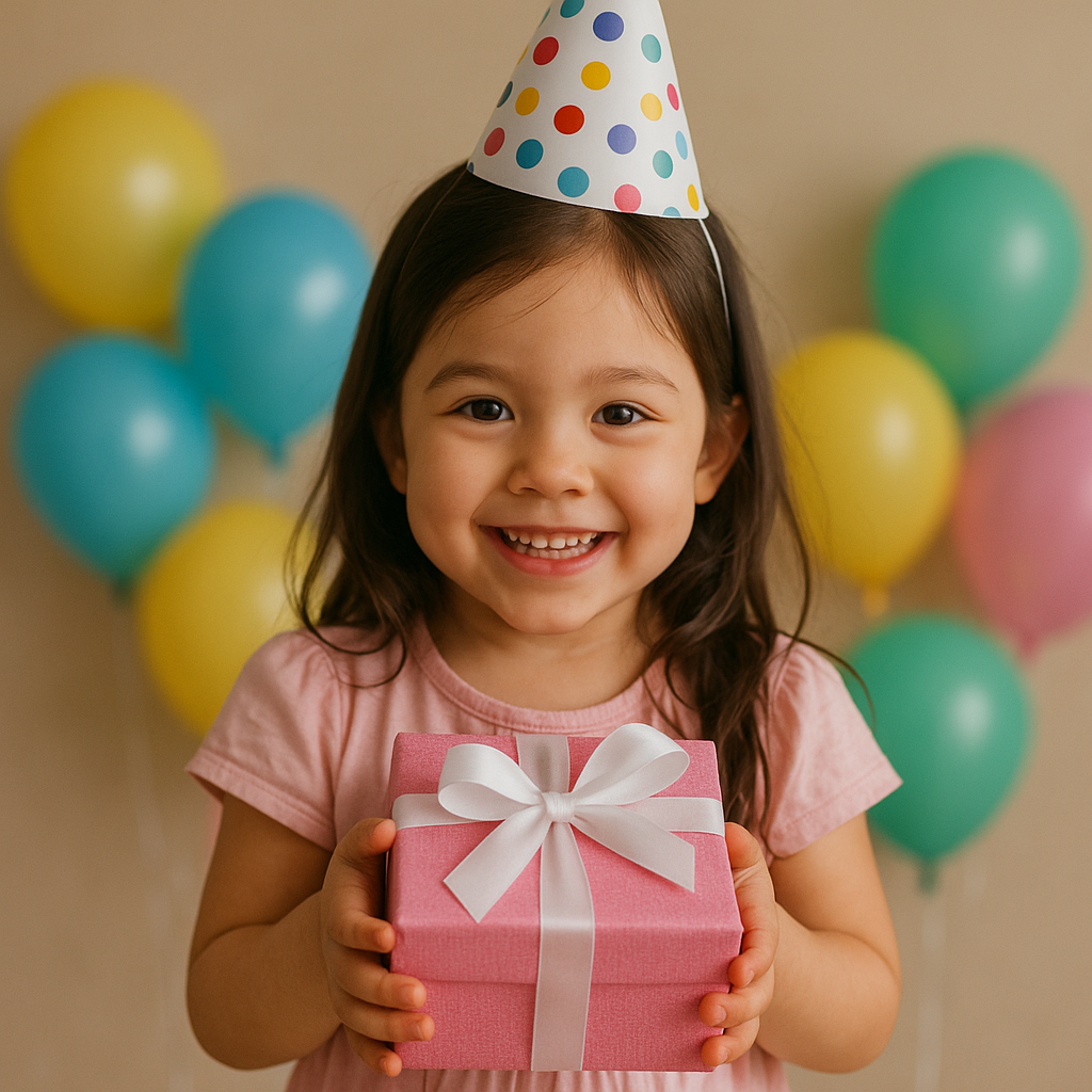 Little girl celebrating her birthday holding a pink present wrapped in a white bow.
