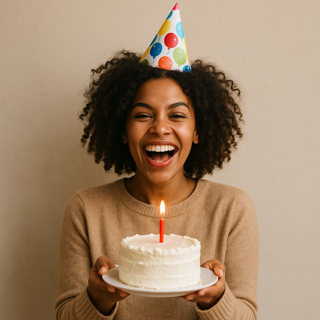 A lady celebrating her birthday with a party hat and a cake with one candle.