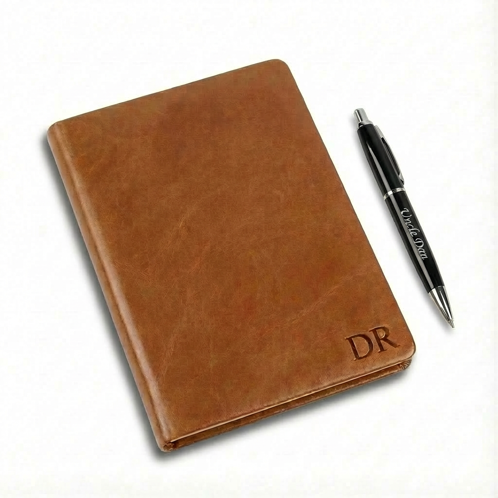 Engraved tanned diary and pen