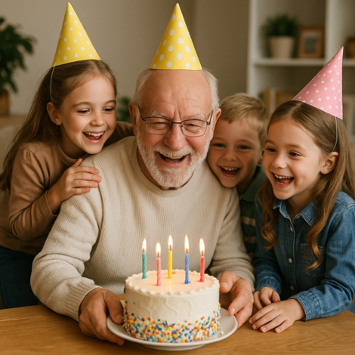 Three children celebrating their grandads Birthday. They have party hats on and a cake with candles. 