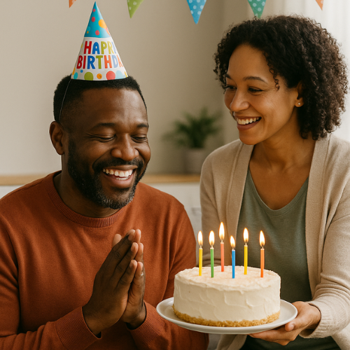 A man celebrating his birthday. His wife is holding the birthday cake with candles. He is making a wish. 