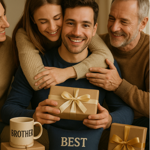 A girl celebrating her brothers birthday. She is hugging him and he is holding the gifts that have been given to him.