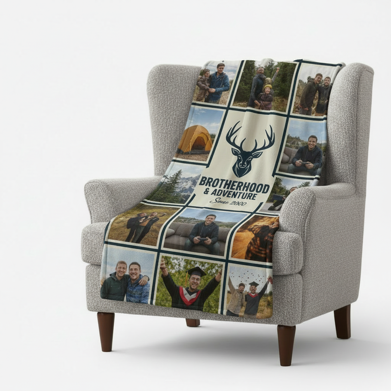 personalied photo blanket fraped over a chair