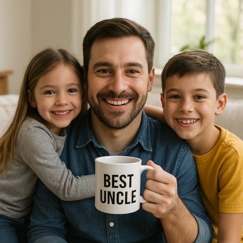 Uncle with his niece and nephew. Uncle is holding a white mug with "Best Uncle" printed on it.