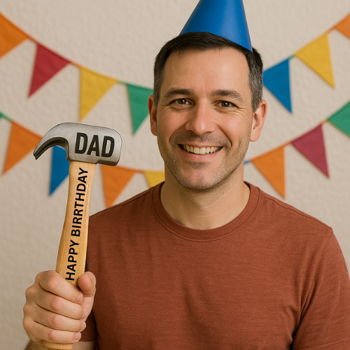 Photo of a dad holding a personalised hammer with "Happy Birthday" printed on it .