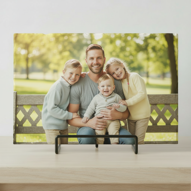Photo slate of a dad holding his 2 children