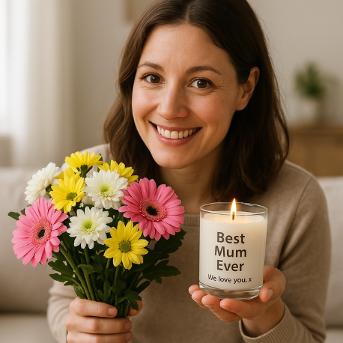 A photo of a mum receiving flowers and a candle.