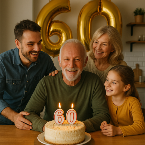 Man celebrating his 60th birthday with his family and a cake with 60 candles.