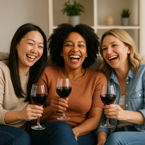 3 ladies sitting on a sofa with glass of red wine, laughing and having fun.