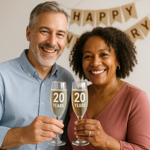 Couple celebrating there 20th Wedding Anniversary. Both holding champagne glass with 20 years printed on them.