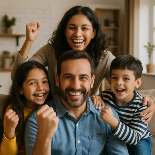 A family celebrating with dad. They are all holding there fist in the air whilst celebrating. 