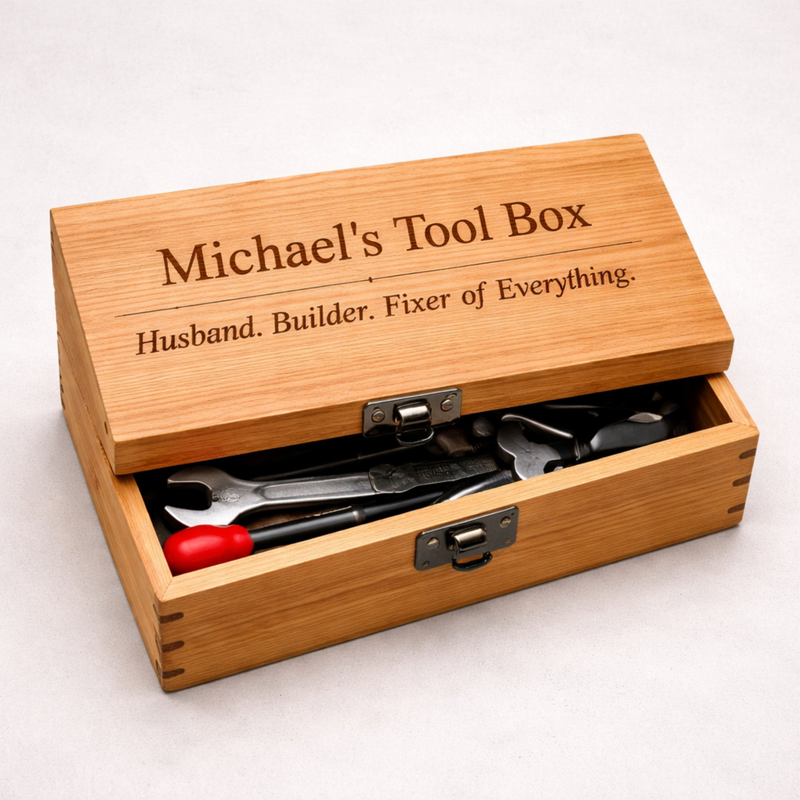 tool box with mans name and husband builder engraved on it