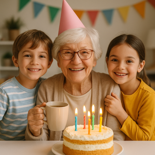 Two grandchildren celebrating there grandma's birthday. The Granma is holding a cup of tea and she has a cake and candles Infront of her.