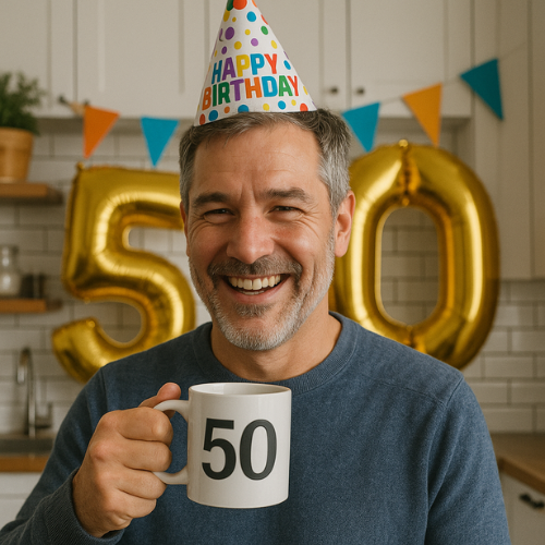 Man with a birthday hat on celebrating his 5oth birthday. He is holding a coffee mug with 50 on.