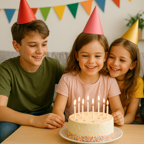 Two siblings celebrating their sisters birthday. They have party hats on and a cake with candles.