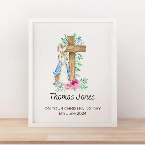 print of rabbit with baby name and cross for christening