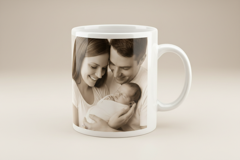 Two mugs with family photos printed on them against a light brown background
