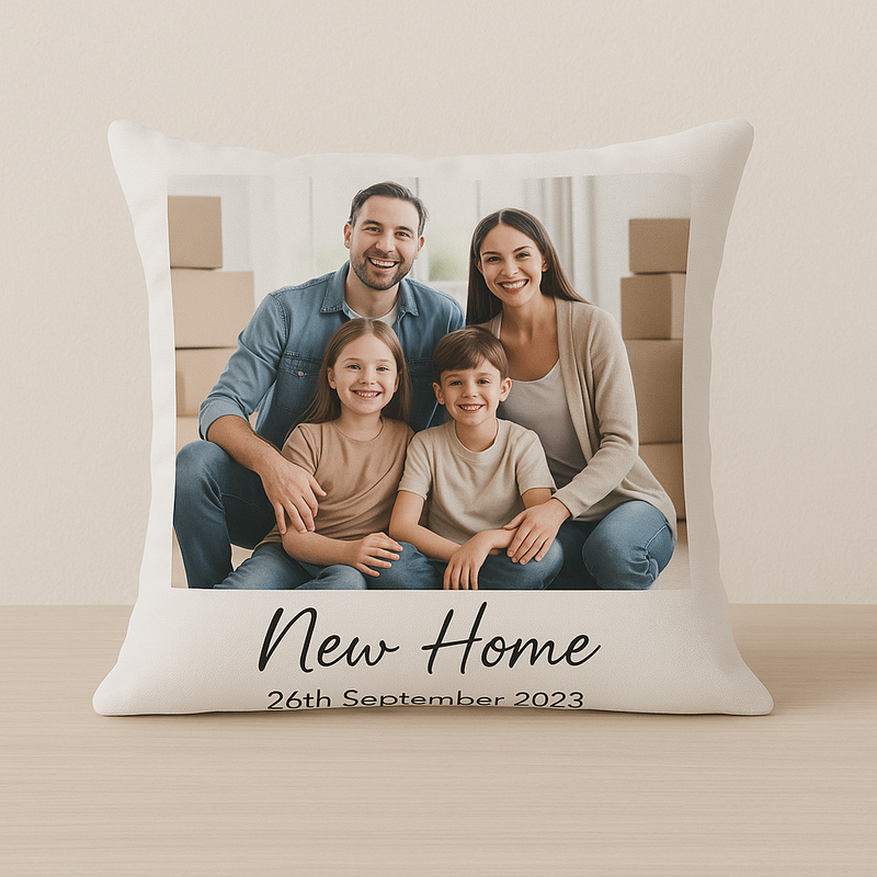 cushion with a family and new home printed on it