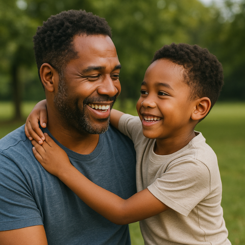 Father and son hugging. They are spending time together.