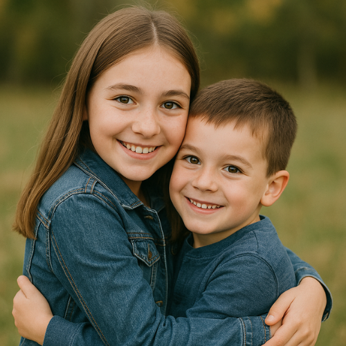 A boy and girl who are siblings hugging each other.