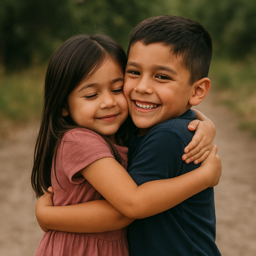 A brother hugging his sister.