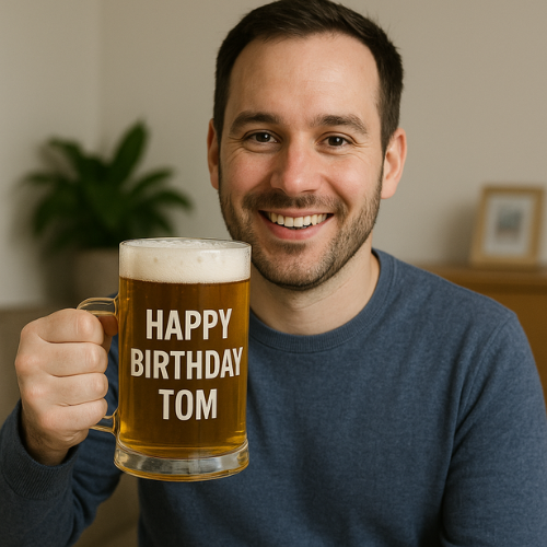 Man holding a pint of beer celebrating his birthday. Printed on the pint glass is " Happy Birthday Tom"