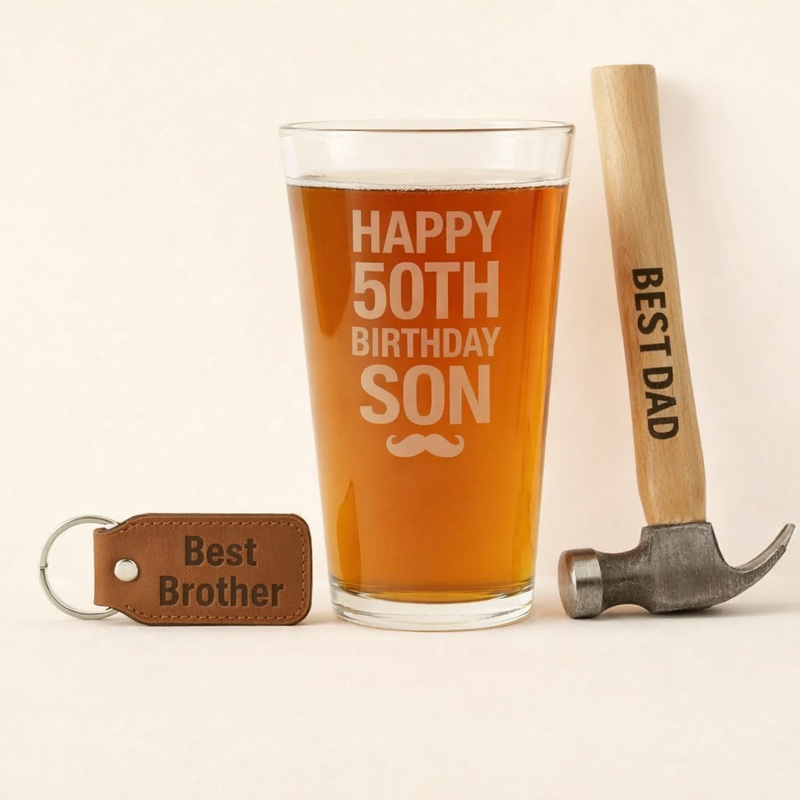 personalised gifts for him including a key ring, a engraved glass and hammer