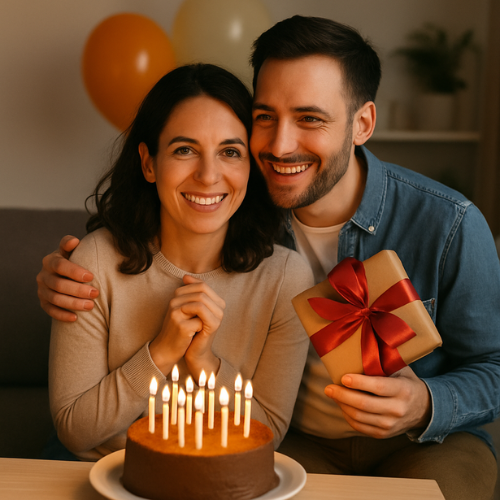 Man celebrating his wife's birthday with a cake and candles. He is holding a present whilst hugging her. 