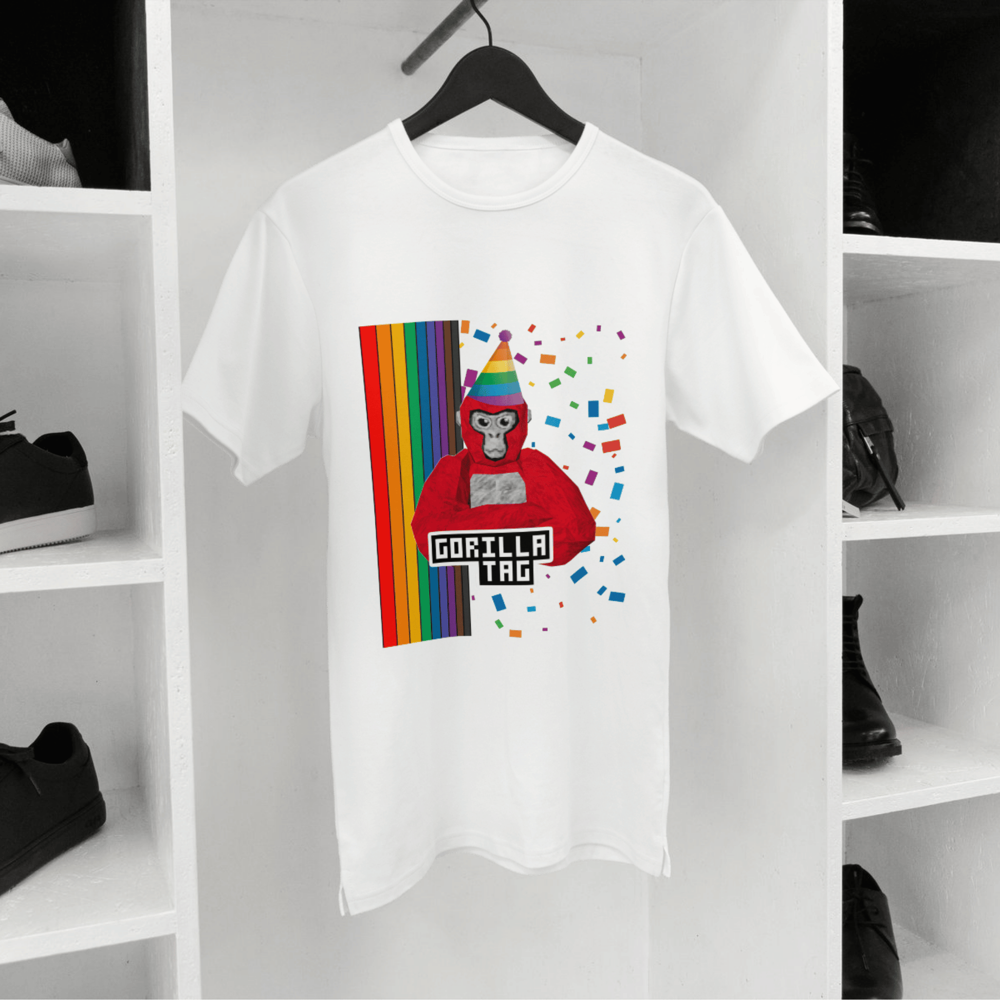 T-shirt hanging up with red Gorilla Tag image on the front