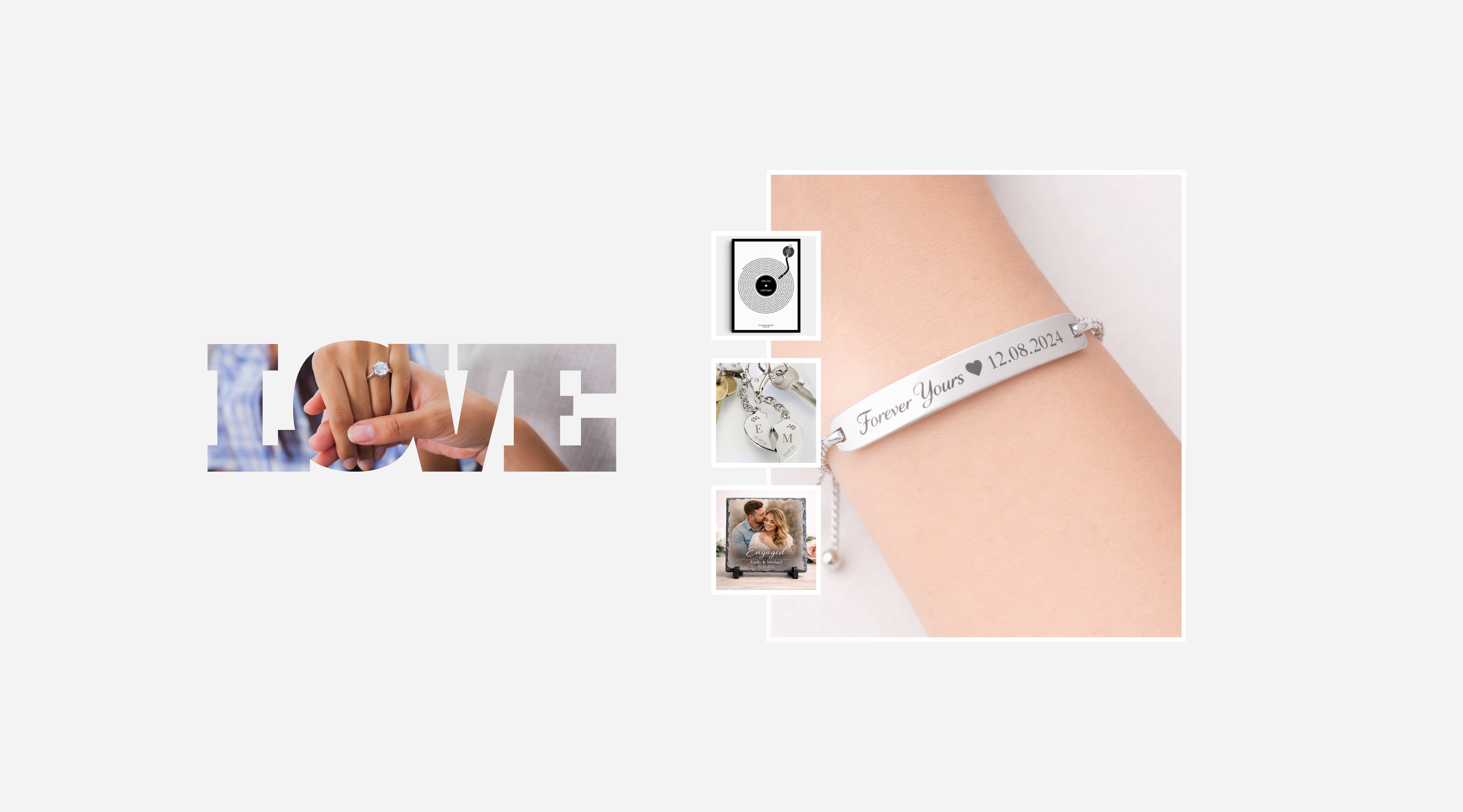 Personalised gifts for engagement including photo slate, engraved keyrings, snog lyrics print and an engagement ring photo in the text of the word love