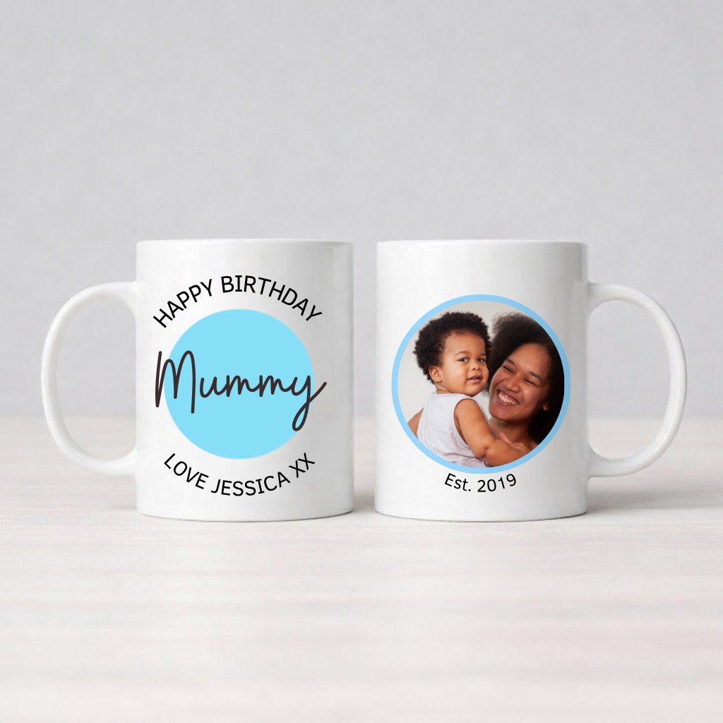 Two personalized mugs with one showing a photo of a mother and child and the other with text.