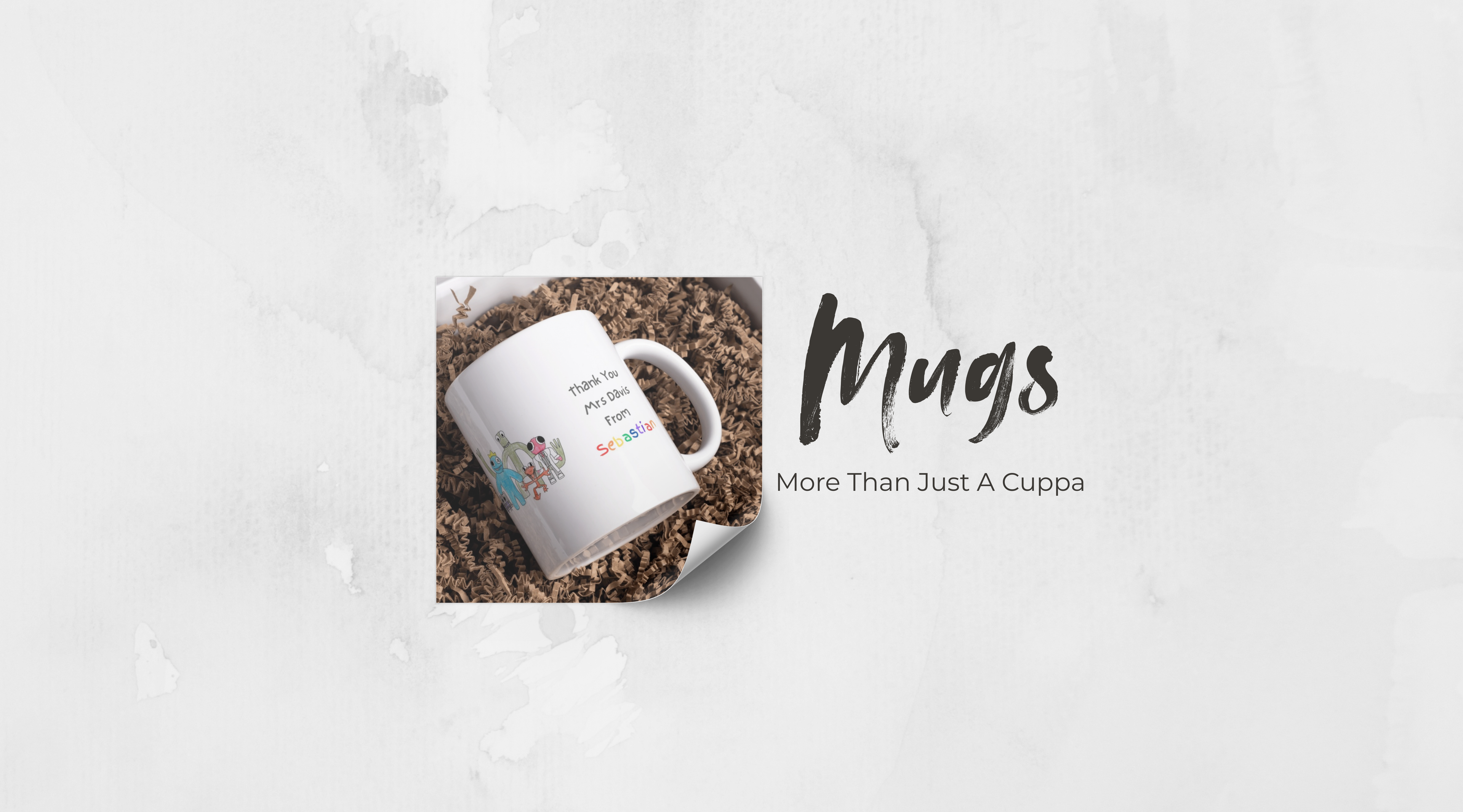 Personalised white mug with text on a textured surface, slogan 'More Than Just A Cuppa'.