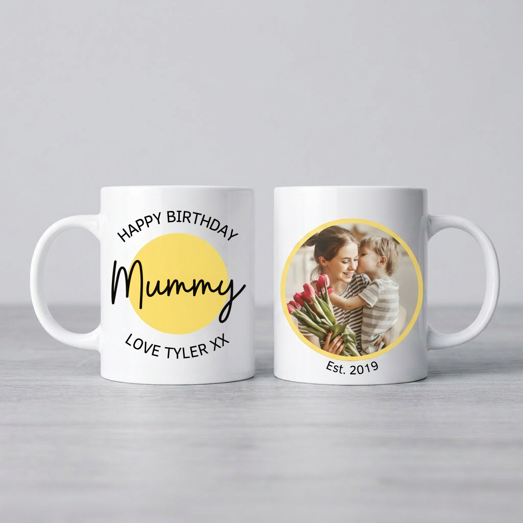 Two personalised mugs on a gray background with a photo and personal birthday message for mummy