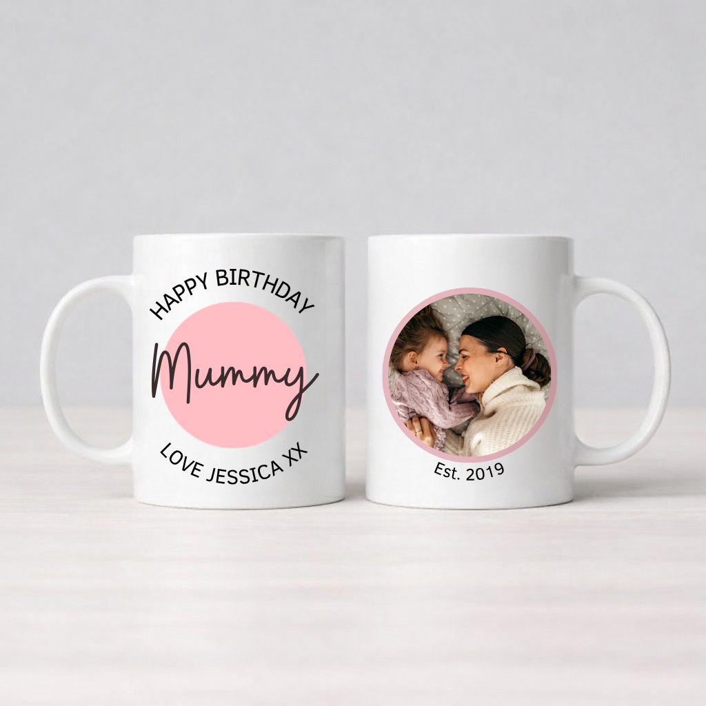 Two personalised mugs with one displaying 'Happy Birthday Mummy' and the other with a photo of two people.
